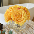 Silk Roses in Glass Vase with LED, Low Centerpiece for Table, Golden Yellow by YSZL