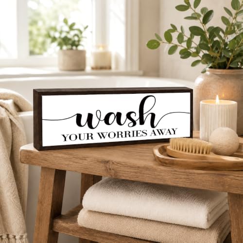 Bathroom Wooden Sign Decor, Wash Your Worries Away Quote Wood Block, Relaxing Bath Room Accent for Shelf Counter or Wall Display, Farmhouse Decor Sign, Giftable Bathroom Decoration, 9.5 x 3.1 Inches - Image 5
