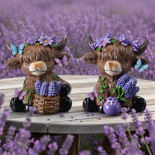 Wesiti 2 Pcs Lavender Highland Cow Figurines, Purple Resin Tiered Tray - Image 5