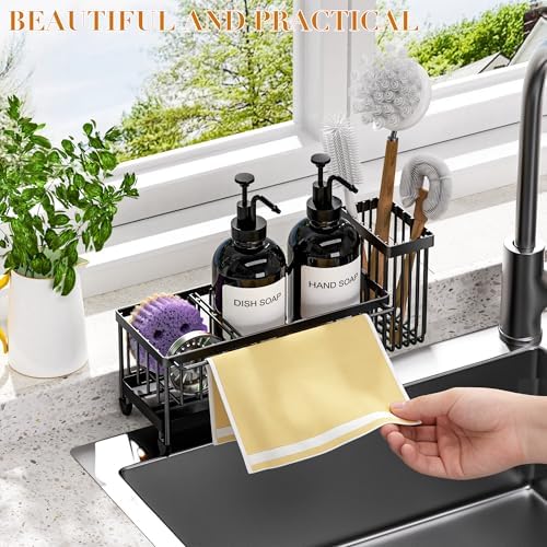 Kitchen Soap Dispenser Set with Sponge Holder and Towel Rack, 17OZ Glass Bottle, Hand and Dish Soap Dispenser Set, Non-Slip Silicone Pad, Brush Holder, Kitchen Sink Caddy Organizer Countertop (Black) - Image 4