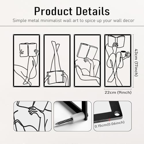 Bakovity Black Metal Wall Art, Minimalist Line Wall Decor, Abstract Woman Book Wall Decor, Modern Aesthetic Metal Art for Bedroom Bathroom Living Room (4 Pcs, 17 x 9 in) - Image 3