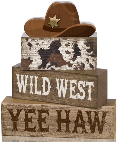 Yuntau 4 Pcs Western Cowboy Table Decor Wooden Block Signs Cowboy Hat Set by Yuntau