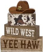 Yuntau 4 Pcs Western Cowboy Table Decor Wooden Block Signs Cowboy Hat Set by Yuntau