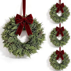 4 Pcs Small Christmas Hanging Wreaths with Artificial Cedar Pine Greenery Burgundy Dark Red Velvet Ribbon Mini Front Door Wreath for Porch Window Cabinet Wall Farmhouse Christmas Winter Holiday Decor by Unknown