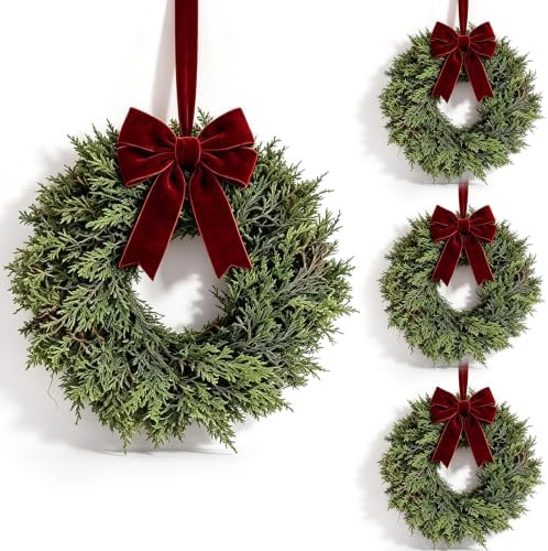 4 Pcs Small Christmas Hanging Wreaths with Artificial Cedar Pine Greenery Burgundy Dark Red Velvet Ribbon Mini Front Door Wreath for Porch Window Cabinet Wall Farmhouse Christmas Winter Holiday Decor by Unknown