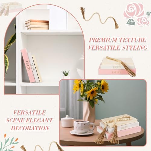 3 Set Linen Decorative Books with Beaded Garland, Classic, Light Pink - Image 6