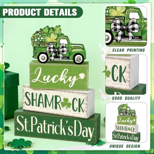 Marsui 4 Pcs St Patrick's Day Table Decorations Green Shamrocks Wooden Signs Block Farmhouse Irish Tiered Tray Decor Rustic St. Patrick's Day Table Centerpieces for Home Office Desk Shelf Mantel Decor - Image 4