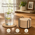 ABenkle 8 Pcs Drink Coasters with Holder, Jute Woven Absorbent Coasters for Drinks, Boho Minimalist Home Decor Coaster Set for Coffee Wooden Tabletop Protection Table, 4.3 inches - Image 3