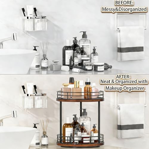 2-Tier Rotating Bathroom Countertop Organizer, Wooden Makeup Vanity Storage, Multifunctional Lazy Susan Turntable for Skincare, Perfume and Cosmetics (Brown) - Image 3