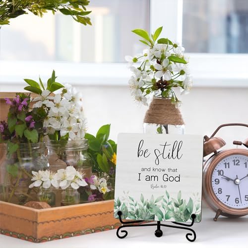 Inspirational Christian Desk Decor, Be Still And Know That I Am God Eucalyptus Sign, Desk Decorations For Office Home Living Room Bathroom, Eucalyptus Shelf Decor, Wooden Plaque With Stand (09) - Image 3