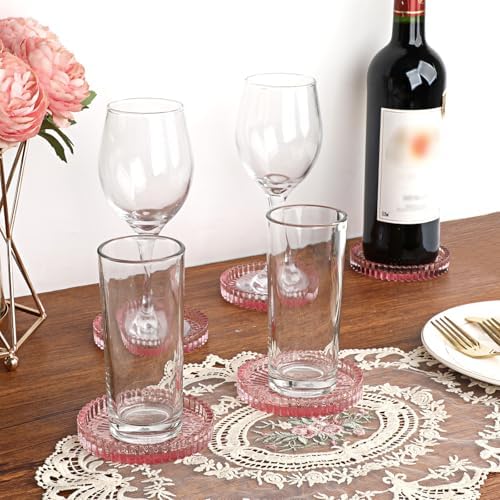 Modern Clear Coaster Set of 5- Glass Coasters for Drinks, Clear Pink - Image 2