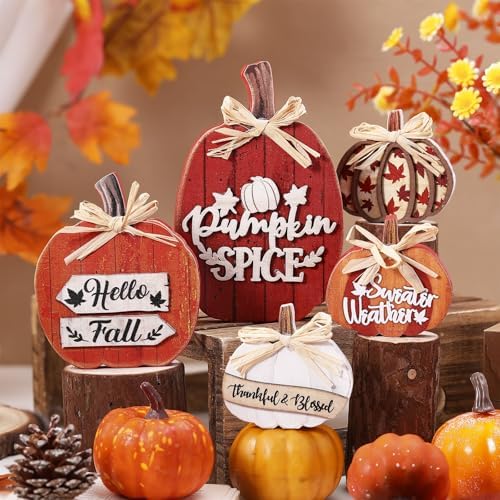 5 Pcs Hello Fall Pumpkin Decor for Home Autumn Wooden Table Centerpiece - Image 2