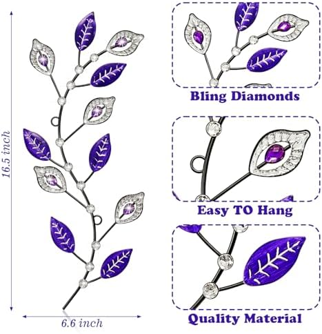 sxnzequnze 2 Set Metal Tree Leaf Wall Art for Home Decor Living Room Bedroom Dining Room Bling Rhinestone, 3D, Iron Branch Hanging Leaf Sculpture Art Pieces -Purple 16.5in*6.7in - Image 5