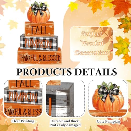 4 Pcs Fall Decor for Home Buffalo Plaid Pumpkin Wooden Signs with Blessed - Image 3