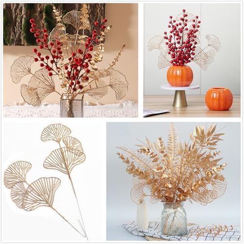 Artificial Gold Ginkgo Stems 14 Inch Apricot Leaves 12 Pack, Fake Golden Plant Leaf Glitter Picks Bushes Faux Flowers Branch Decor for Indoor Outdoor Home Garden Vase Wedding Xmas Christmas Decoration - Image 3