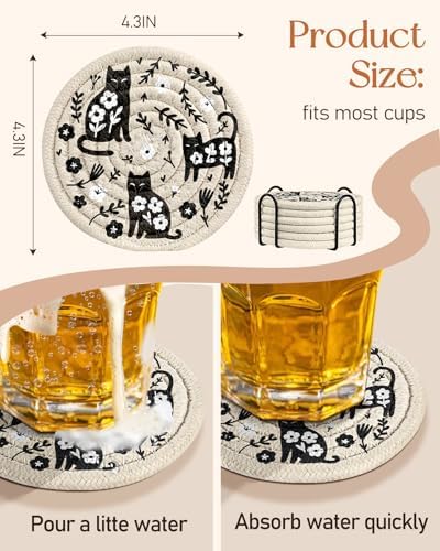 Absorbent Cup Coasters Set of 6 with Holder, Black Cat - Image 4