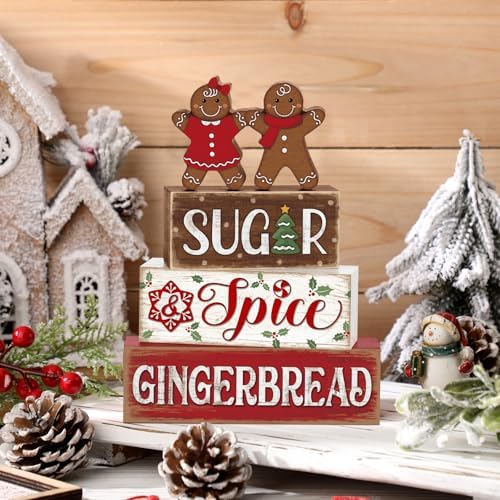 Marsui 4 Pcs Christmas Gingerbread Table Decorations Wooden Sign Blocks - Image 5