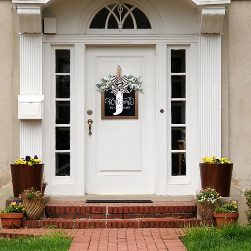 Ultra Large 14'' Last Name All Year Round Front Door Wreath with 26 Initial Letter Welcome Sign All Seasons Eucalyptus Garland and Bow Wreaths for Front Door Porch Farmhouse Decoration (J) - Image 3