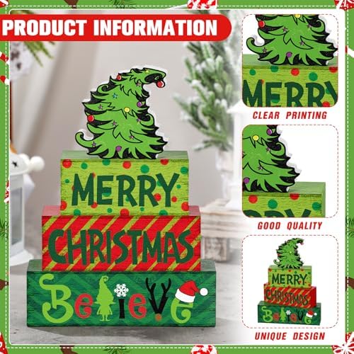 Marsui 4 Pcs Merry Christmas Table Decor Wooden Lime Green Red Block Sign - Image 3
