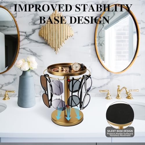 kondyfayo 360° Rotating Sunglass Organizer Storage, Stainless Steel Glasses Holder Stand, Glasses Organizer with Tray for Desk, Dresser, Tabletop, Nightstand and Home Decor (Gold) - Image 5