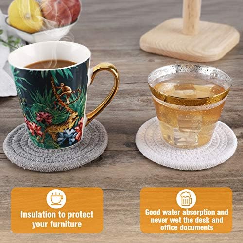 ABenkle 8 Pcs Drink Coasters with Holder, Cotton Woven Absorbent Coasters for Drinks, Minimalist Home Decor Coaster Set for Wooden Tabletop Protection Table, 4.3 inches White - Image 2