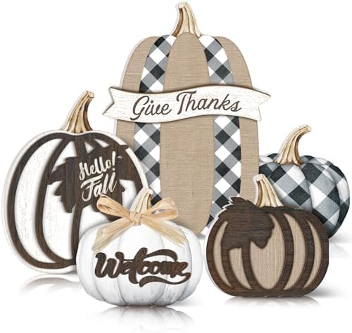 5 Pcs Hello Fall Pumpkin Home Decor Plaid Pumpkin Wooden Table Centerpiece by GlikCeil