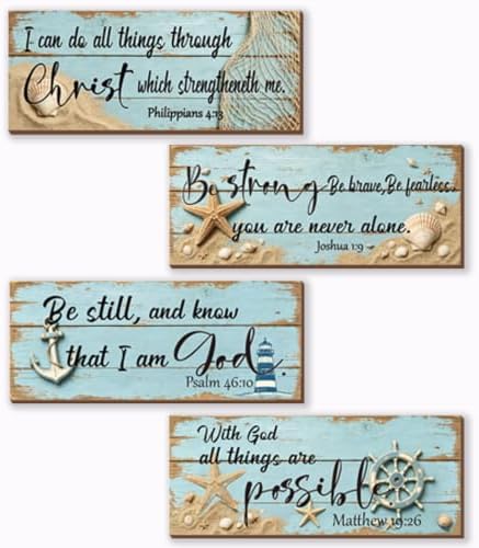 4 Pieces Nautical Wall Decor Ocean Beach Bathroom Decor With Bible Verses Wooden Christian Farmhouse Sign for Home Religious Prayer Wall Art for Living Room Office Bedroom(Nautical,10x4") by Unknown