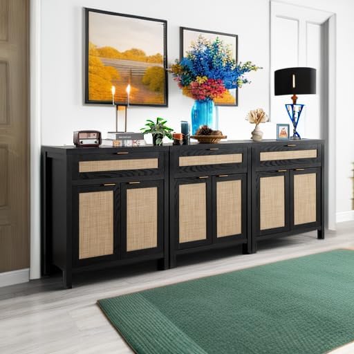 SICOTAS Sideboard Buffet Storage Cabinet Set of 3, Rattan Credenza Buffet Table - Image 6