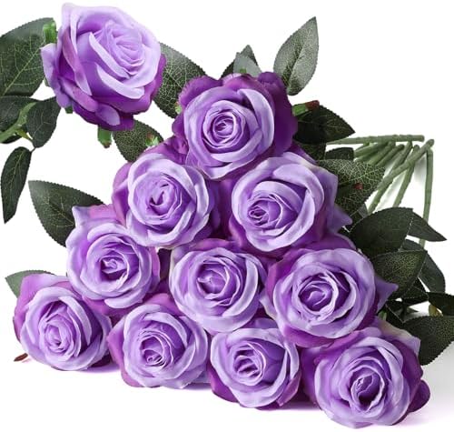 10pcs light Purple Roses Artificial Flowers, Realistic Faux Rose with Stem by Nubry