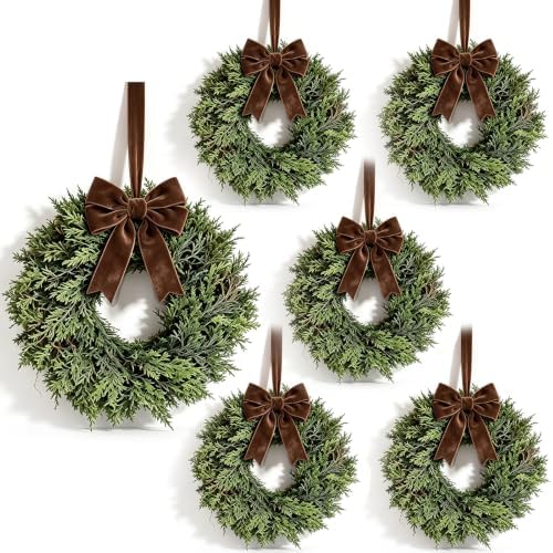 6 Pcs Small Christmas Hanging Wreaths with Artificial Cedar Cypress Pine Greenery Dark Brown Velvet Ribbon Mini Front Door Wreath for Porch Window Cabinet Wall Farmhouse Rustic Christmas Holiday Decor by Unknown