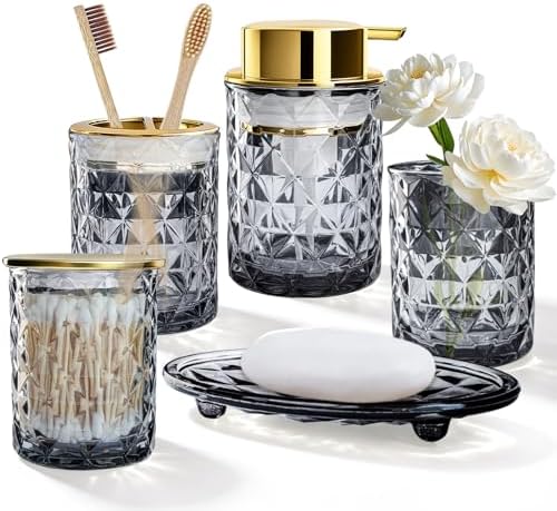 5 Piece Glass Bathroom Accessories Set, Black & Gold Vanity Countertop Set by KINUUIS