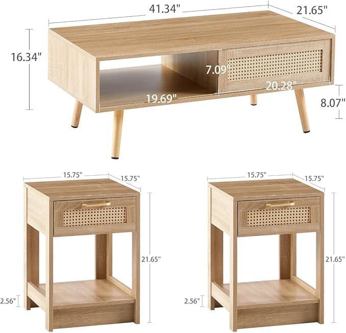 Rattan Center Table and Nightstand Set, 3-Piece Wood Living Room Table Set - Image 7