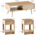 Rattan Center Table and Nightstand Set, 3-Piece Wood Living Room Table Set - Image 7