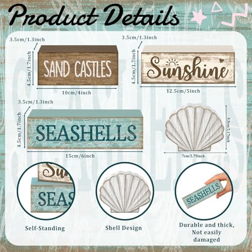 Yuntau 4 Pcs Summer Decorations for Home Beach Block Sign Seashell Display - Image 4