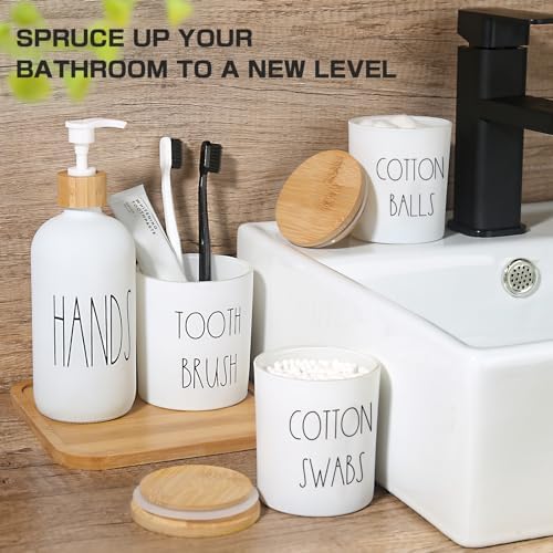 White Bathroom Accessories, 5 Pcs Glass Bathroom Accessory Set with Bamboo Tray, Soap Dispenser and Toothbrush Holder Set, Qtip and Cotton Ball Holder, Farmhouse Boho Bathroom Set Complete - Image 5