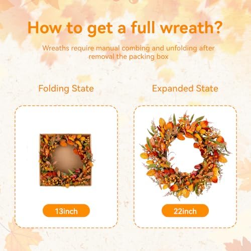 Pinkpum 22" Fall Wreath for Front Door Pumpkin Artificial Wall Decor Autumn - Image 2
