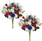 8PCS Patriotic Artificial Flowers Mixed Bush Red White Blue Rose Tulip Flowers Memorial Day Flower Bouquet for 4th of July Independence Day Grave Home Table Decoration by Succwoah