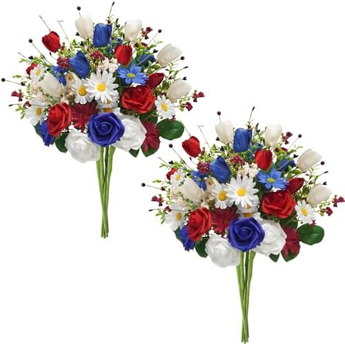 8PCS Patriotic Artificial Flowers Mixed Bush Red White Blue Rose Tulip Flowers Memorial Day Flower Bouquet for 4th of July Independence Day Grave Home Table Decoration by Succwoah