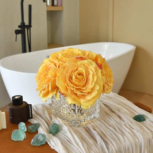 Silk Roses in Glass Vase with LED, Low Centerpiece for Table, Golden Yellow - Image 3