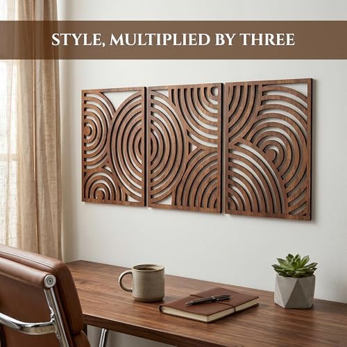 qmmp Modern Wooden Wall Sculptures - Set of 3 - Home Decor Accent - Large Wall Art for Living Room, Bedroom, Office - Easy Installation (Walnut, Large - Orbit) - Image 3