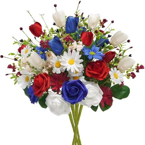 4PCS Patriotic Artificial Flowers Mixed Bush Red White Blue Rose Tulip Flowers Memorial Day Flower Bouquet for 4th of July Independence Day Grave Home Table Decoration by Succwoah
