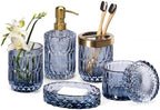 EMPO 6PCS Bathroom Clear Glass Accessories Set (Lotion Soap Dispenser, Soap Dish, Toothbrush Holder, Tumbler, Cotton Swab Jar), Contemporary Modern Decor Crystal Vintage Gift (6pcs Blue) by EMPO