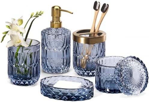 EMPO 6PCS Bathroom Clear Glass Accessories Set (Lotion Soap Dispenser, Soap Dish, Toothbrush Holder, Tumbler, Cotton Swab Jar), Contemporary Modern Decor Crystal Vintage Gift (6pcs Blue) by EMPO