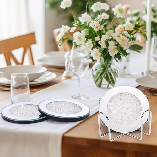 Jetec Mirrored Glass Coaster Set of 6 with 1 Holder 4" Crushed Diamond Round Cup Mat Glitter Crystal Rhinestone Glass Coaster Bling Table Decor for Bar Kitchen Gift for Christmas(White,4 Inch) - Image 7