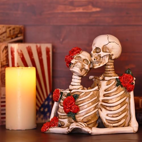 Halloween Skeleton Decor, Gothic Skeleton Couple Resin Statue with Roses - Image 4