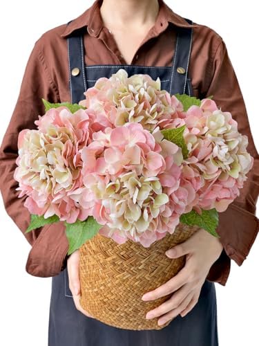 JINWOE 4PCS Lifelike Real Touch Artificial Hydrangeas, 21" Pink Hydrangea Artificial Flowers for Decoration, Faux Vintage Silk Fake Flowers for Bouquet Wedding Centerpieces Tables Party Outdoor Home by JINWOEArtificialFlowers