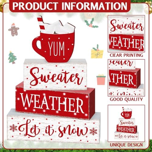 Marsui 4 Pcs Winter Tabletop Decor Red Hot Cocoa Christmas Block Signs - Image 4