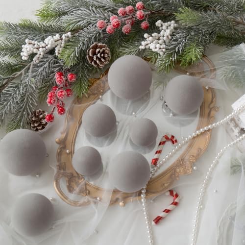 46Pcs Velvet Christmas Ball Ornaments Set - Flocked Shatterproof Christmas Tree Decorations Classic Hanging Ornaments with Rope for Xmas Wreath Holiday Home Decor (Multi-Size, Grey) - Image 3