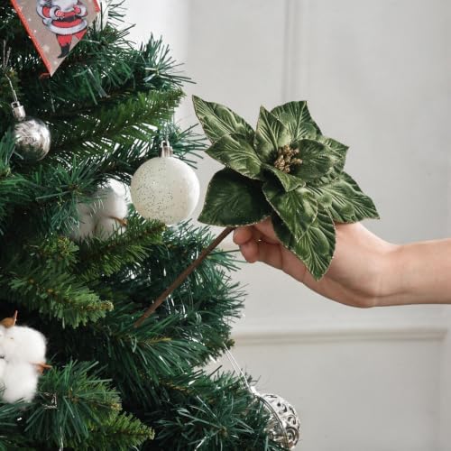 10 Pcs 9.4" Velvet Poinsettia Picks Glitter Artificial Christmas Flower Stems for Xmas Tree Wreath Garland Winter New Year Home Decoration, Green - Image 6