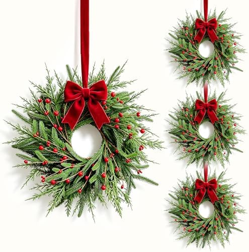 4 Pcs Mini Christmas Wreaths for Cabinets 9" Christmas Kitchen Cabinet Small Wreaths with Green Norfolk Pine Needle Red Berry for Indoor Outdoor Farmhouse Home Wall Window Festival Wedding Decor by Unknown